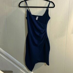 Sexy Navy Bodycon Mini Dress w/ Rouching @ Waist & Asymmetrical Layers - Size S